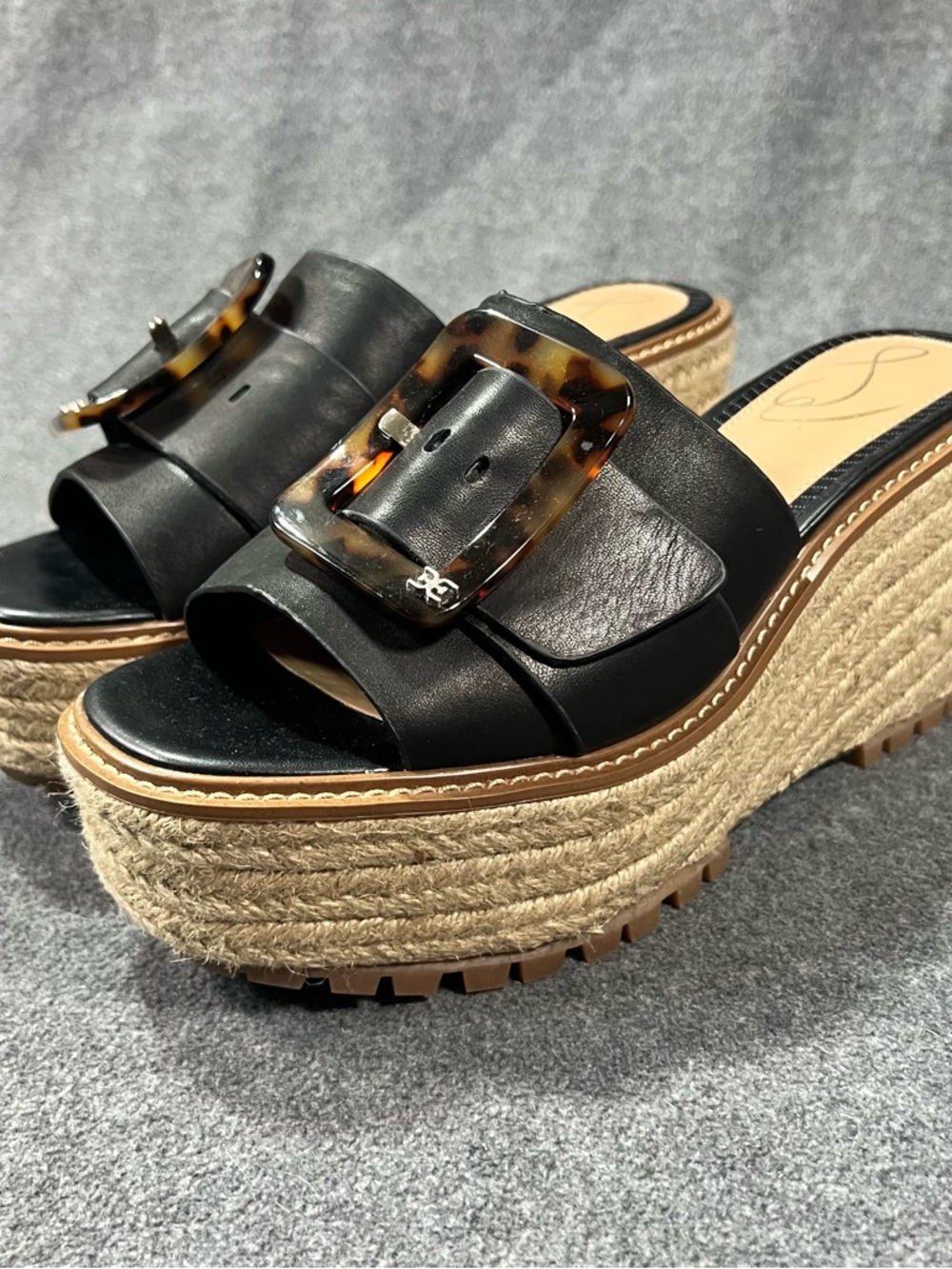 Sam Edelman Livi Wedge Platform Slide Sandals Tortoiseshell Buckle Black Size 8